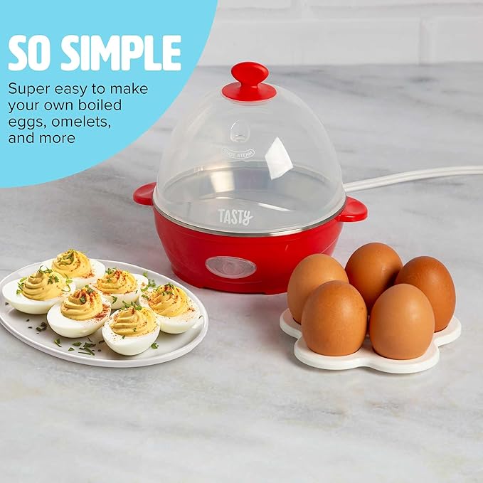Tasty Mini Rapid Egg Cooker, 5-Egg Capacity for Perfect Hard Boiled Eggs or Omelets, Auto Shut Off, Red