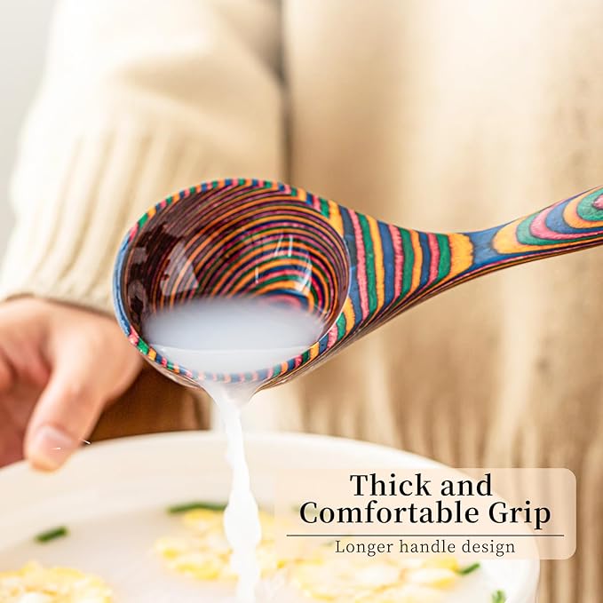 Gudamaye Pakkawood Rainbow Deep Soup Ladles,Pakkawood Ladle,10.6 inch Big Soup Ladle for Cooking,Deep Ladle Spoons,Wood Ladle, Wood Kitchen Utensils Set, Wooden Spoons for Cooking