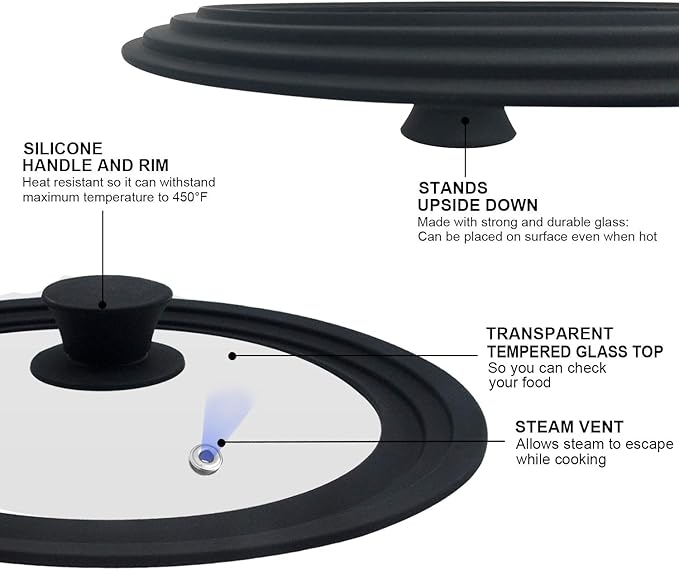 Walfos Universal Lid, Tempered Pan Lid with Heat Resistant Silicone Rim, Fits All 7" to 12" Diameter Cookware, Pots, Pans and Skillets (2Pk)