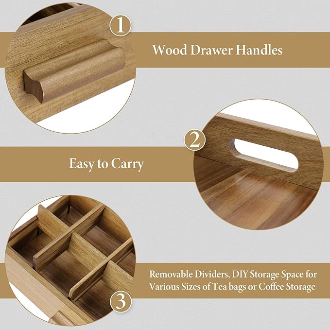 ANMINY Acacia Wood Tea Bag Organizer, Extra Large Tea Storage Box with 13 Compartments, 10MM Thick Wooden Teabag Holder Drawer Box, Tea Caddy Station Chest Containers for Countertop