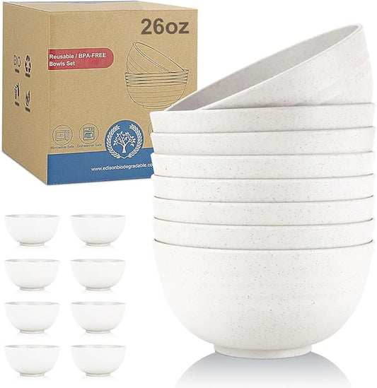 Wheat Straw Bowls Set of 8, Unbreakable White Cereal Bowl 26OZ, Microwave and Dishwasher Safe Oatmeal Bowls, Kitchen Bowl Suitable for Cereal,Salad,Snack (White)
