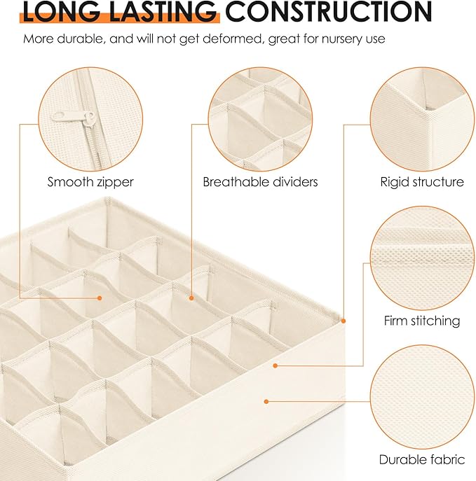 Drawer Organizer Clothes, 8 Pack Dresser Organizer Bins for Baby Clothes, Underwear Sock, Fabric Closet Organization and Storage Dividers for Nursery Bedroom (48 Compartments, Beige)