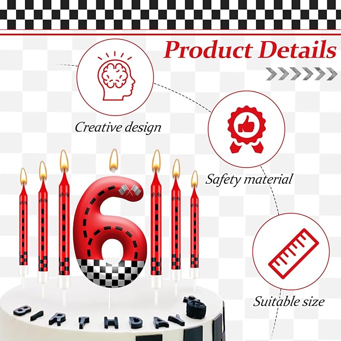 13PCS Racing Car Theme Birthday Candle Set with Checkered Flag Design - Durable Cake Topper for Race Car Party Decorations, Kids Birthday Supplies - Number 6 Candle for Racing-Themed Celebrations
