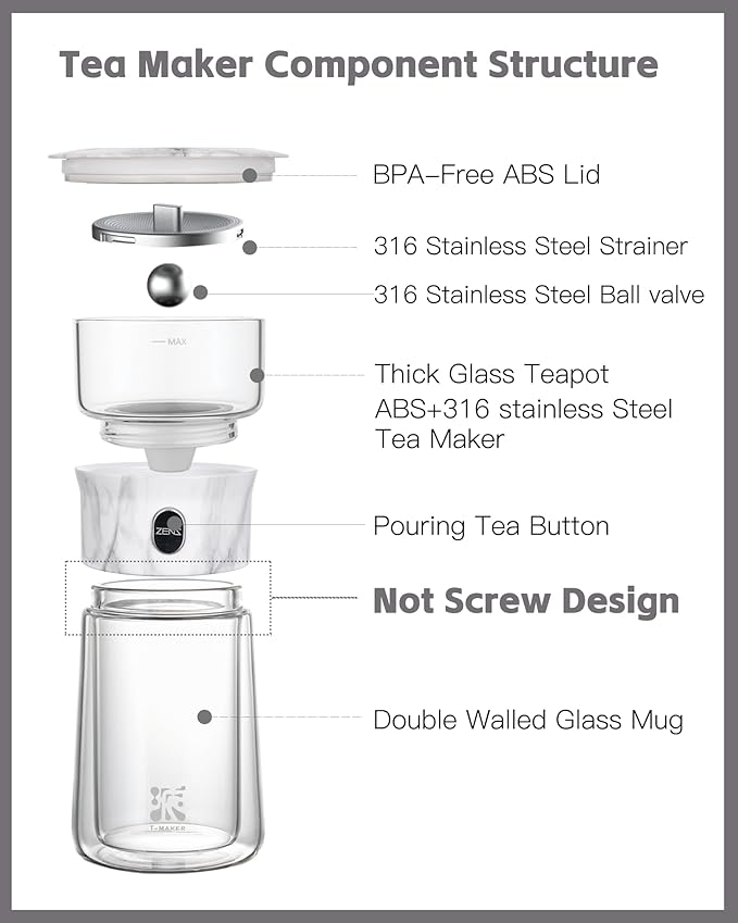 ZENS Modern One Touch Tea Maker, Glass Teapot with Infuser for Loose Leaf Tea Diffusers, Mess-Free Smart Pouring with Insulated Mug and Portable Tea Kits for Tea Lover Gifts