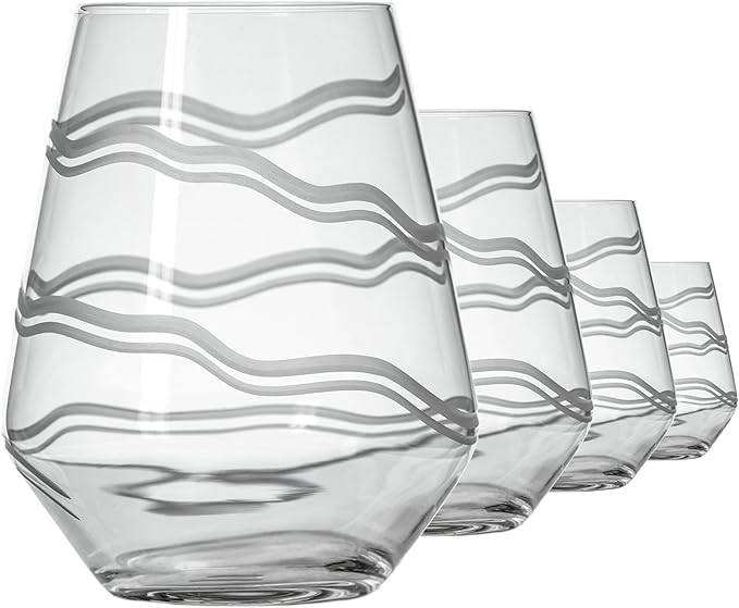 Rolf Glass Good Vibrations Stemless Wine Glass | Set of 4 Large 18oz Glasses | Lead-Free Crystal Glass | Diamond-Wheel Engraved | Proudly Made in the USA | Etched Spiral Design
