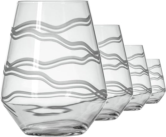 Rolf Glass Good Vibrations Stemless Wine Glass | Set of 4 Large 18oz Glasses | Lead-Free Crystal Glass | Diamond-Wheel Engraved | Proudly Made in the USA | Etched Spiral Design