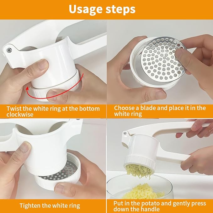 LHS Potato Ricer, Potato Masher for Potatoes with 3 Interchangeable Discs, Large Capacity Potato Masher and Ricer Kitchen Tool for Fruit, Vegetables, Baby Food, White