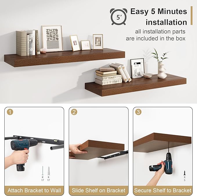 Heimlove 12" Deep Floating Shelves for Wall Shelf Over Toilet Wall Mounted Farmhouse Long 55 inches Set of 1, Farmhouse Shelves with Invisible Brackets for Living Room, Kitchen, Bedroom,Walnut