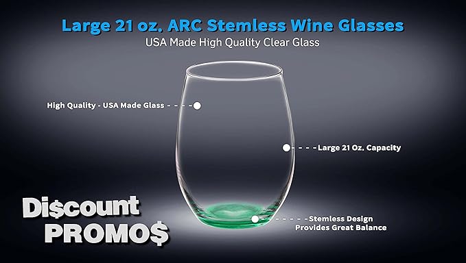 DISCOUNT PROMOS 10 ARC Stemless Wine Glasses Set, 21 oz. - Chardonnay, Cabernet, Merlot, Sauvignon - Green