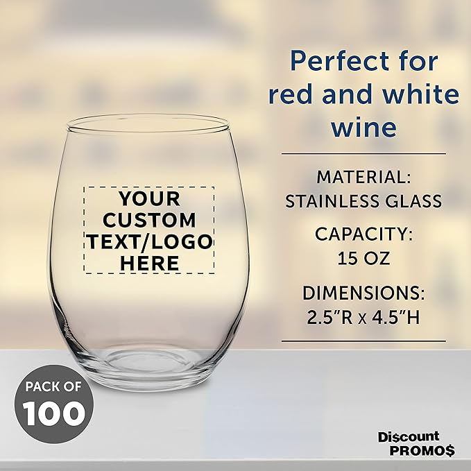 Custom Stemless Wine Glasses by ARC Perfection 15 oz. Set of 100, Personalized Bulk Pack - Restaurant Glassware, Perfect for Red Wine, White Wine, Cocktails - Clear