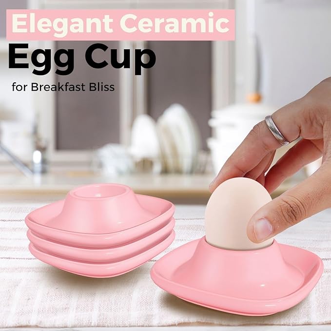 Flexzion Egg Cups for Soft Boiled Eggs - Set of 6 Ceramic Egg Holder - Stackable Egg Coddler Cups with Base for Serving, Breakfast, Brunch - Kitchen Table Decor, Pink