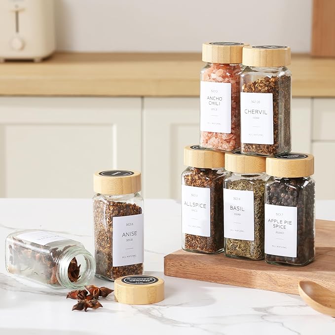 4 oz Glass Spice Jars with Bamboo Lids, Clear Empty Jars with Labels Stickers, Collapsible Funnel, Seasoning Storage Bottles for Spice Racks (36 Pack)