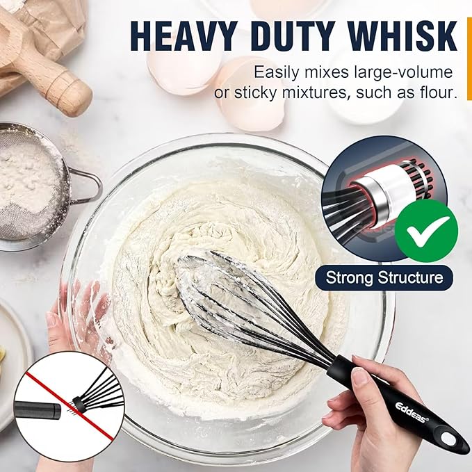 Silicone Whisk,Non Scratch Whisk for Cooking, 5+7+9+11in Balloon Whisks, Suitable for Mixing, Blending Whipping.11in Flat Whisks great for Ceramic Coated pans and Wider shallower pots.