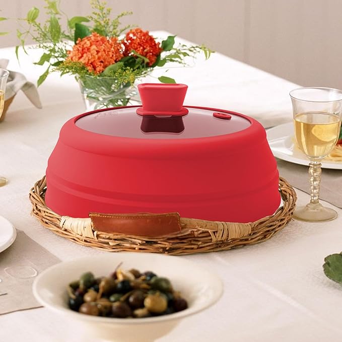 Microwave Splatter Cover Glass Microwave Cover for Food Collapsible Splatter Guard Lid with Silicone Handle for Pot Plate Bowl 9 Inch Red