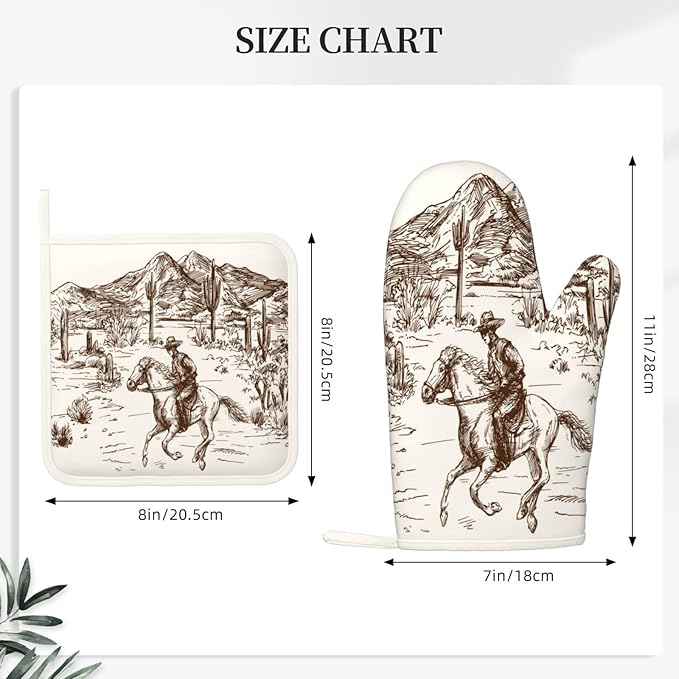 Western Cowboy Oven Mitts and Pot Holders 4 pcs Set Silicone West Cowboy Riding Horse in Desert Kitchen Oven Mitt Gloves Cowboy Pot Holders Non-Slip Heat Resistant Cooking Mitts Set, Beige