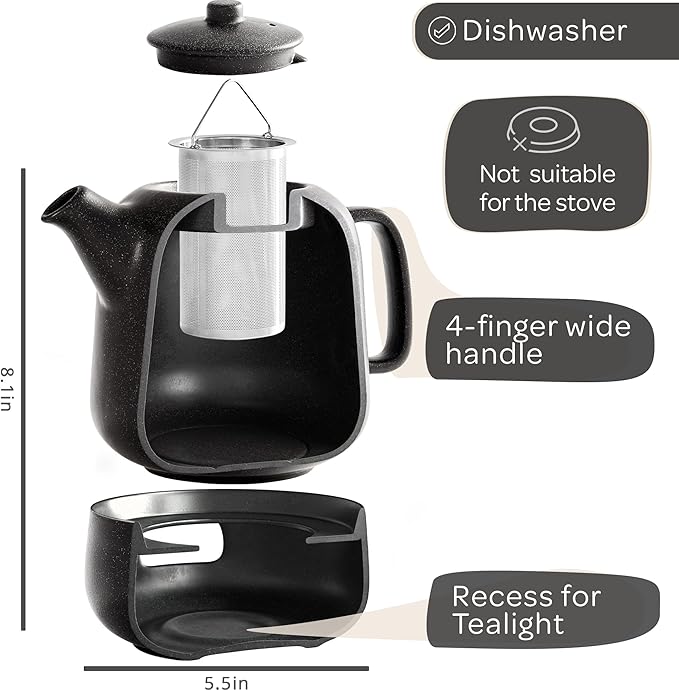 Steinzeit Design Tea Pot with Warmer (44 oz) - Premium Ceramic Teapot with Infuser for Loose Tea - Black Teapot Ceramic with Removable Steamer