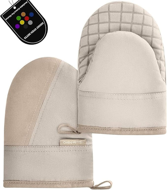 Mini Oven Mitts, Kitchen Oven Gloves Kitchen Mittens 500 Degrees Heat Resistant Baking Gloves, Non-Slip Silicone Surface with Hanging Loops Hot Gloves for Cooking, Baking, BBQ 1 Pair-Khaki