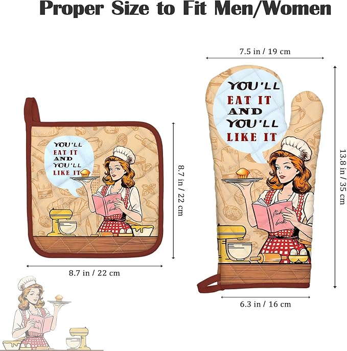 Retro Housewife Oven Mitts and Pot Holders Sets 4Pcs, 100% Cotton Heat Resistant, Extra Long Oven Gloves Potholder for Kitchen Cooking Baking Decoration