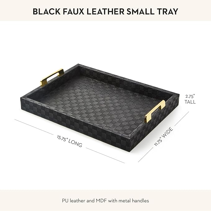 MACKENZIE-CHILDS Black Faux-Leather Tray with Handles, Rectangular Tray for Serving, Small