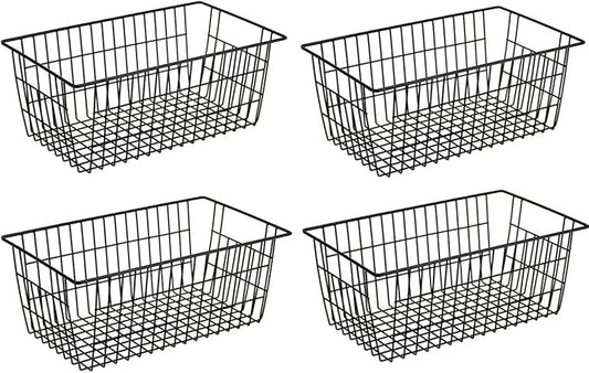 SANNO Freezer Wire Baskets, Refrigerator Freezer Baskets Wire Metal Storage Basket, Farmhouse Storage Organizer Bin for Pantry, Shelf, Kitchen, Cabinet, Bathroom Black 15.7" L x 7.9" Wx 5.9" H