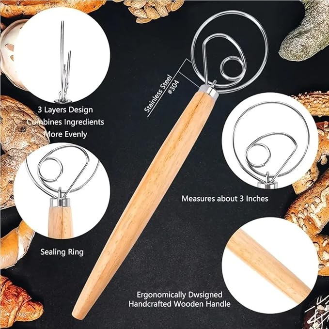 Danish Dough Whisk 13" Stainless Steel Bread Whisk Bread Making Tools Danish Dough Hook Bread Dough Mixer Hand Bread Dough Whisk for Pastry, Baking Cake, Dessert, Sourdough, Pizza, with Wooden Handle