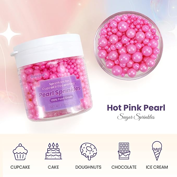 Dazzjoy Edible Hot Pink Pearl Sprinkles, Edible Sugar Candy, 130g/4.58oz, Pink Ball Pearls for Cake Decorating, Cupcake Toppers