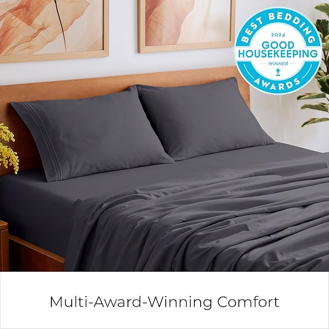 Mellanni Split King Sheets Set - 5 PC Iconic Collection Bedding - Hotel Luxury, Extra Soft, Cooling Bed Sheets - Wrinkle, Fade, Stain Resistant (Split King, Charcoal)