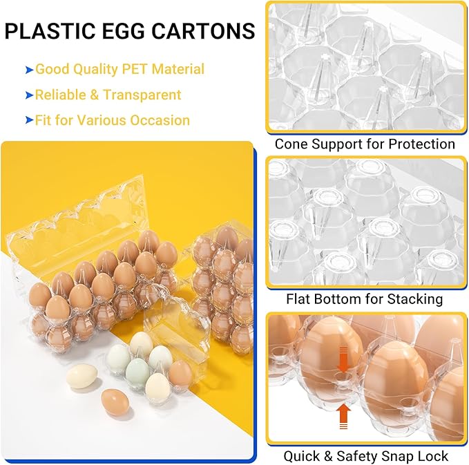 100 Pack Plastic Egg Cartons Cheap Bulk, 12 Count Clear Egg Containers for Fresh Chicken Eggs, 2x6 Grids Refrigerator Egg Trays for Refrigerator Storage, Chicken Farm, Market Display & Commercial Use