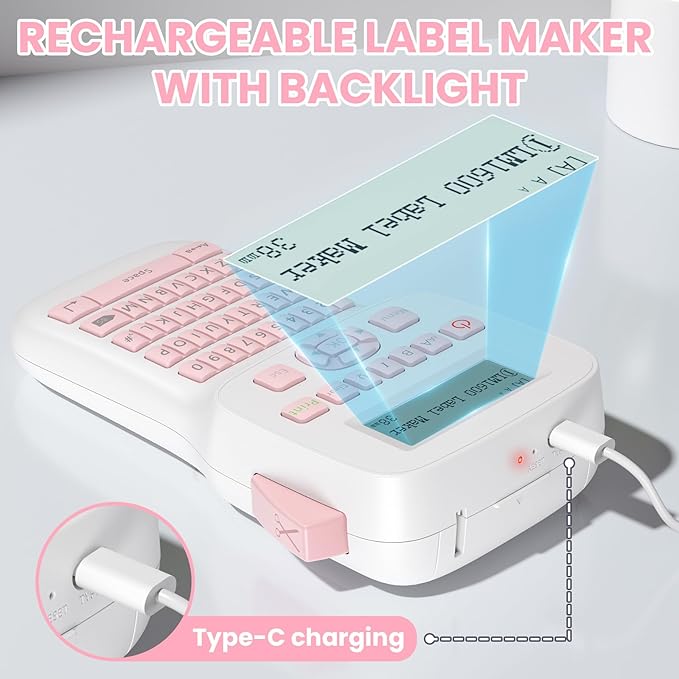 Pink Label Maker Machine with-Tape, Rechargeable Label Maker with Keyboard, Bluetooth Labeler Machine LM1600, Backlit Display, Multiple Symbol Icon Style Templates for Home Office Use