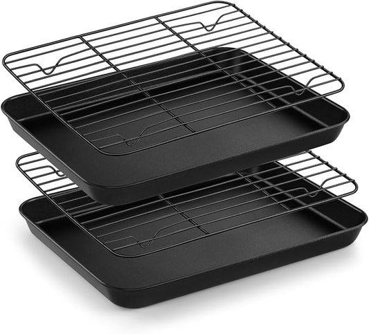 TeamFar Toaster Oven Pan with Rack Set, 10.5 x 8 x 1 Inch Nonstick Small Baking Pan Tray with Cooling Rack for Baking Roasting, Non-Toxic & Heavy Duty, Easy Clean, Set of 4