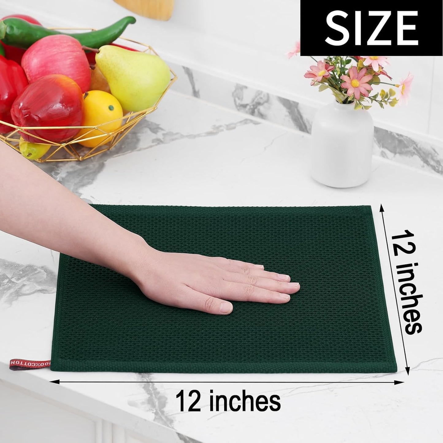 Homaxy 100% Cotton Waffle Weave Kitchen Dish Towels, Ultra Soft Absorbent Quick Drying Cleaning Towel, 13 x 28 Inches, 12-Pack, Blackish Green