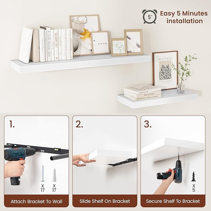 White Floating Shelves for Wall, 48 Inch X 12 Deep Shelves for Room Wall Mounted，2" Thick Heavy Duty Holds 75lbs Floating Shelf for Bedroom Bathroom Kitchen Laundry Room, Set of 2