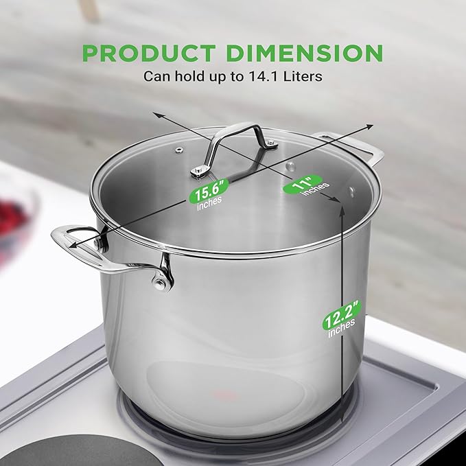 NutriChef 15-Quart Large Stainless Steel Stock Pot with Tempered Glass Lid - Induction Compatible Stockpot, Ideal for Stews & Soups, Dishwasher Safe