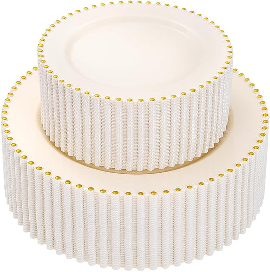 supernal 100pcs Ivory Plastic Plates with Gold Beads - Heavy Duty Elegant Disposable Plates Set Include 50 Cream Plastic Dinner Plate and 50 Dessert Plate Perfect for Wedding, Birthday & Party
