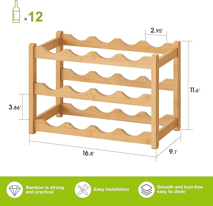 BMOSU Bamboo Wine Rack Wine Storage Cabinet Shelf 12 Bottle Wine Racks Countertop Sturdy for Kitchen Dining Room Pantry - 3 Tiers Wine Rack(Natural)