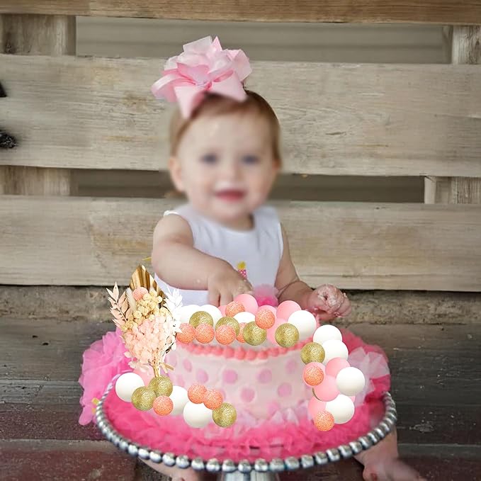 Gyufise 21 Pack Flower Boho Cake Topper Ball Cake Decorations Palm Leaves Plants Cake Decor for Girl Bohemian Princess Theme Wedding Baby Shower Birthday Party Supplies Gold Pink