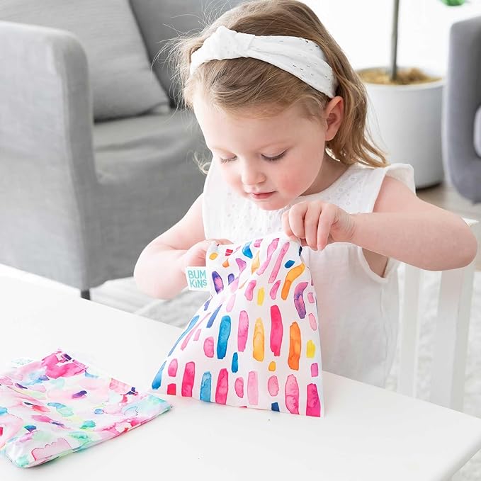 Bumkins - Cloth Snack & Sandwich Bags - For Storage, Travel, Food Prep, Lunch - Reusable, Water Resistant, Dishwasher Safe - Snack Bags for Kids - Zipper Closure - Watercolors & Brushstrokes - 4 Pack