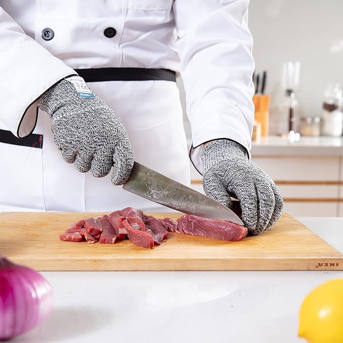 Dowellife 3 Pairs Cut Resistant Gloves Food Grade Level 5 Protection, Safety Kitchen Cuts Gloves for Mandolin Slicing, Fish Fillet, Oyster Shucking, Meat Cutting and Wood Carving (Black Gray, X-Large)
