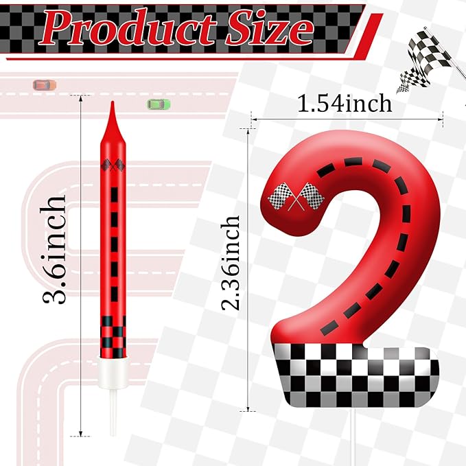 13PCS Racing Car Theme Birthday Candle Set with Checkered Flag Design - Durable Cake Topper for Race Car Party Decorations, Kids Birthday Supplies - Number 2 Candle for Racing-Themed Celebrations