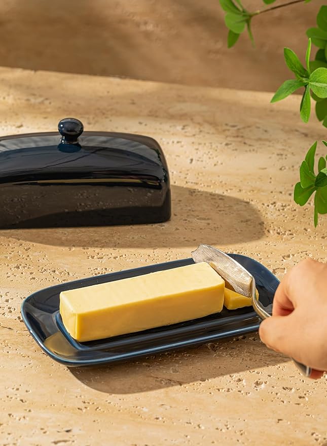 Sweese Butter Dish with Lid, Porcelain Butter Keeper, 7.8 Inch Butter Holder with Handle Cover, Butter Container Perfect for East West Coast Butter, Navy