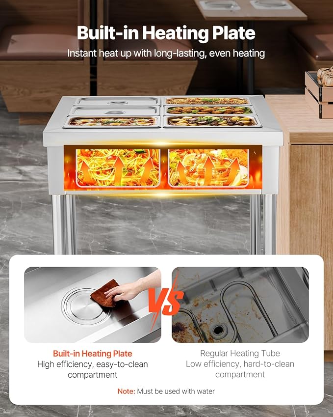 VEVOR 6-Pan Commercial Food Warmer, 6 x 1/3 Pans Electric Steam Table, 1500W Professional Buffet Catering Food Warmer with Undershelf, Stainless Steel Server for Restaurant Party Hotel
