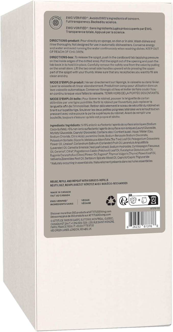 ATTITUDE Dish Soap, EWG Verified, Plant and Mineral-Based Ingredients, Vegan and Cruelty-free Household Products, Geranium and Lemongrass, 67.6 Fl Oz