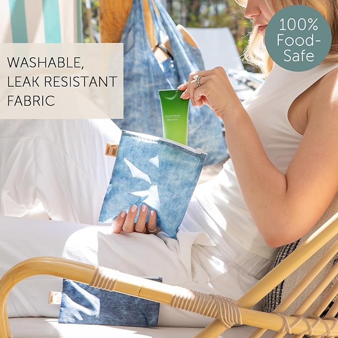 Roamio Reusable Sandwich and Snack Bags, for Kids School Lunch and for Adults Portion, Washable Fabric, Waterproof Cloth Zip Bag, Pack Travel Pouch, Food-Safe Storage, 4-pack Set Faux Denim On Denim