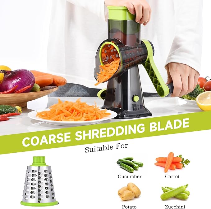 Rotary Cheese Grater Hand Crank Cheese Shredder Vegetable Mandoline Slicer for Kitchen 3 in 1 Changeable Blades for Cheese Potato Nuts Chocolate Ice (Green TSP)