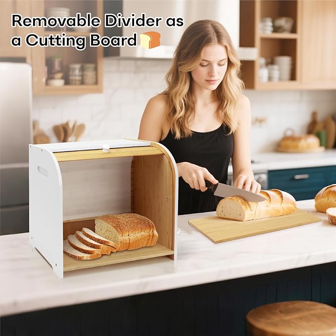 Bread Box for Kitchen Countertop, Double Layer Bamboo Bread Storage Container for Homemade Bread, Roll Top Bread Box with 3 Adjustable Height for Kitchen Counter, White Breadbox Organizer