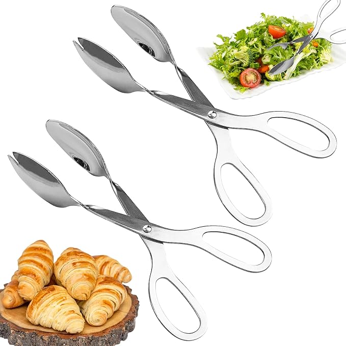 2 Pieces Salad Tongs, 8 Inch Serving Tongs, Stainless Steel Food Scissor Tongs, Buffet Tongs for Home Kitchen Party Bread Cake Bake Steak Barbecue Buffet Catering