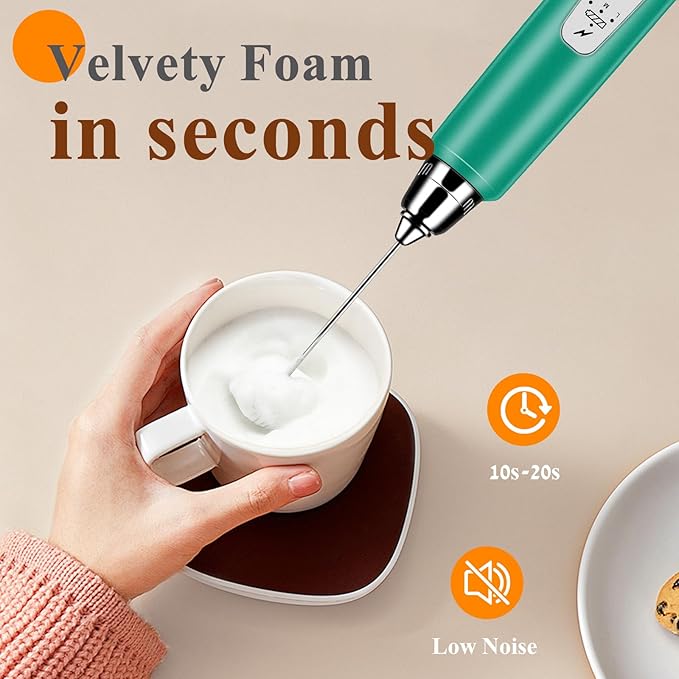 Milk Frother Handheld Rechargeable, Frother Wand Drink Mixer Electric Whisk for Coffee, Detachable With 3 Stainless Whisks, Hand Mixer for Lattes, Cappuccino, Matcha, Egg, No Stand, Green