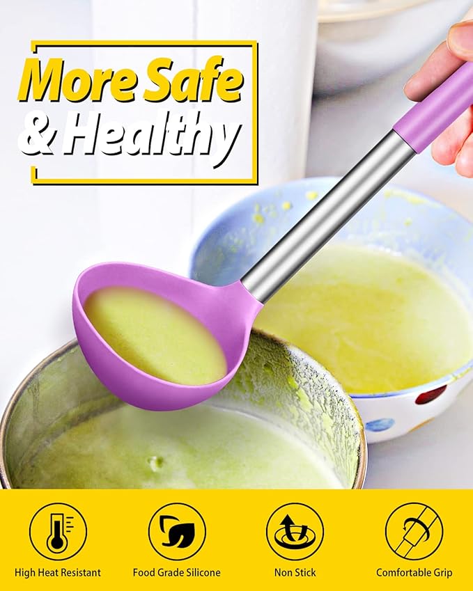 Pack of 2 Ladle Spoon,Silicone Large Spoon for Soup,Non Stick Kitchen Utensils with High Heat Resistant,BPA Free Perfect Kitchen Tools for Cooking, Stirring,Serving Soups (PINK-PURPLE)
