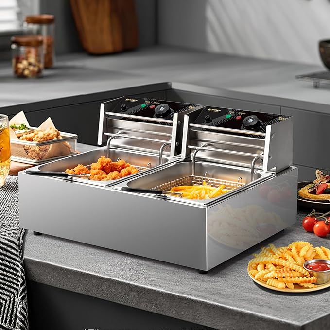 ROVSUN 22.8QT Commercial Deep Fryer with Baskets & Lids, 21.8L Stainless Steel Electric Double Fryer, Countertop Kitchen Frying Machine w/Temperature Control, French Fries Donuts 3400W