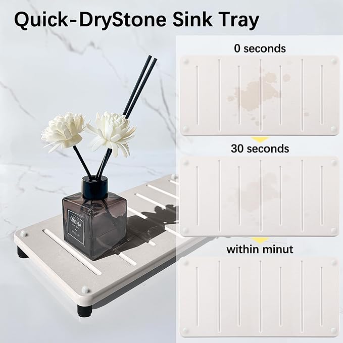 2PCS Water Absorbing Stone Drying Mat for Bathroom Sink & Kitchen Counter Organizer, Instant Dry Soap Dispenser Sponge Holder, Sink Caddy, Vanity Tray (10"x5"-White)